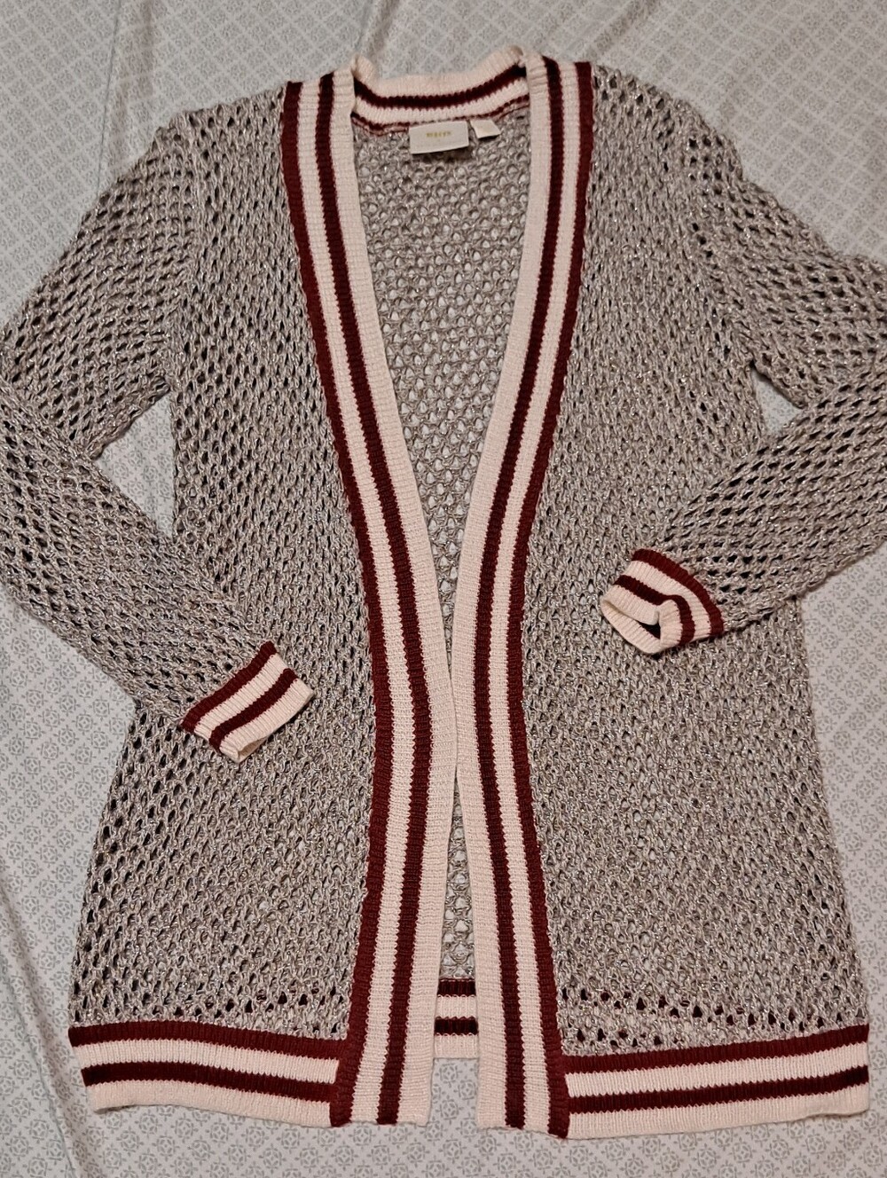 Maeve By Athropologie Open-Weave Taupe Varsit Cardigan with Red White Trim